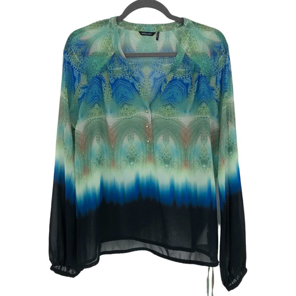 NWT Marciano paisley patterned green blue ombre long sleeve button neck top S